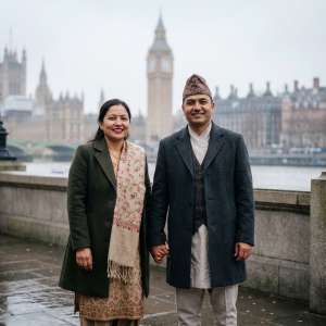 Happy Nepali couple holding hands abroad